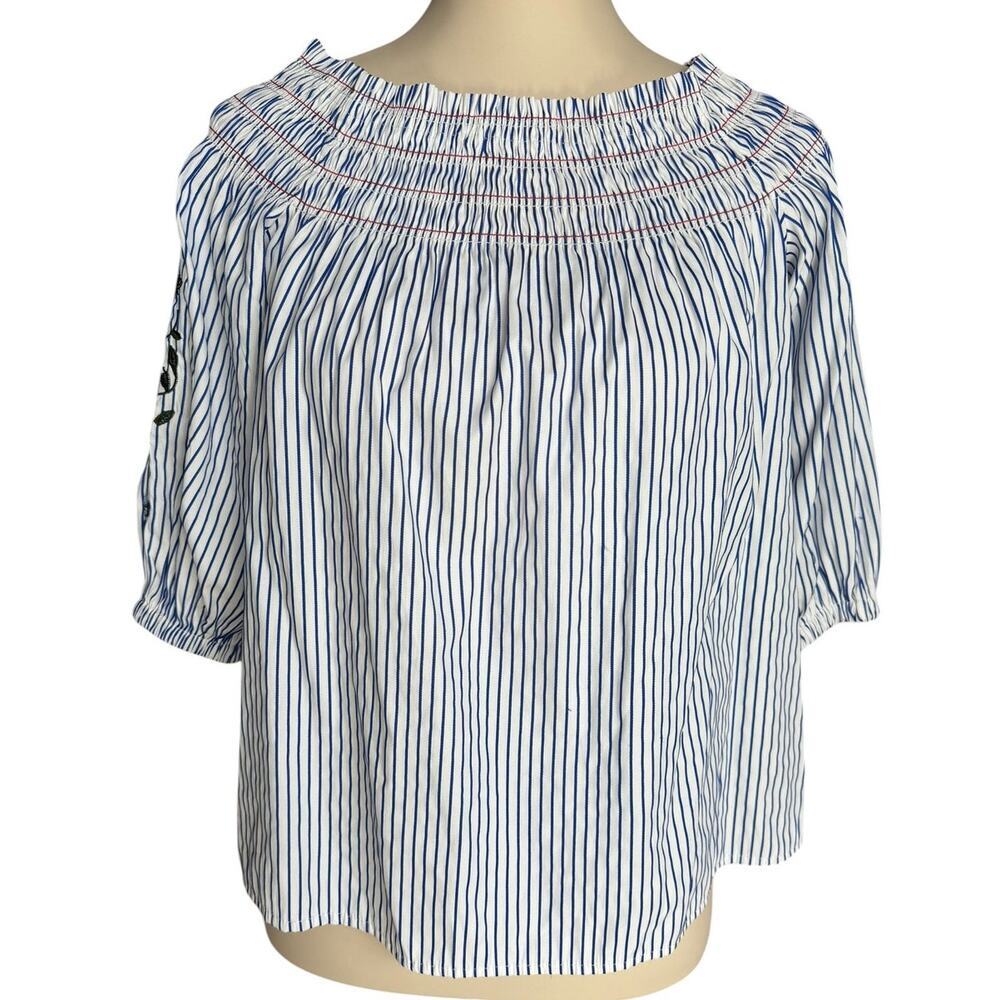 Rebellion Again Striped Off Shoulder Embroidered Peasant Top Medium